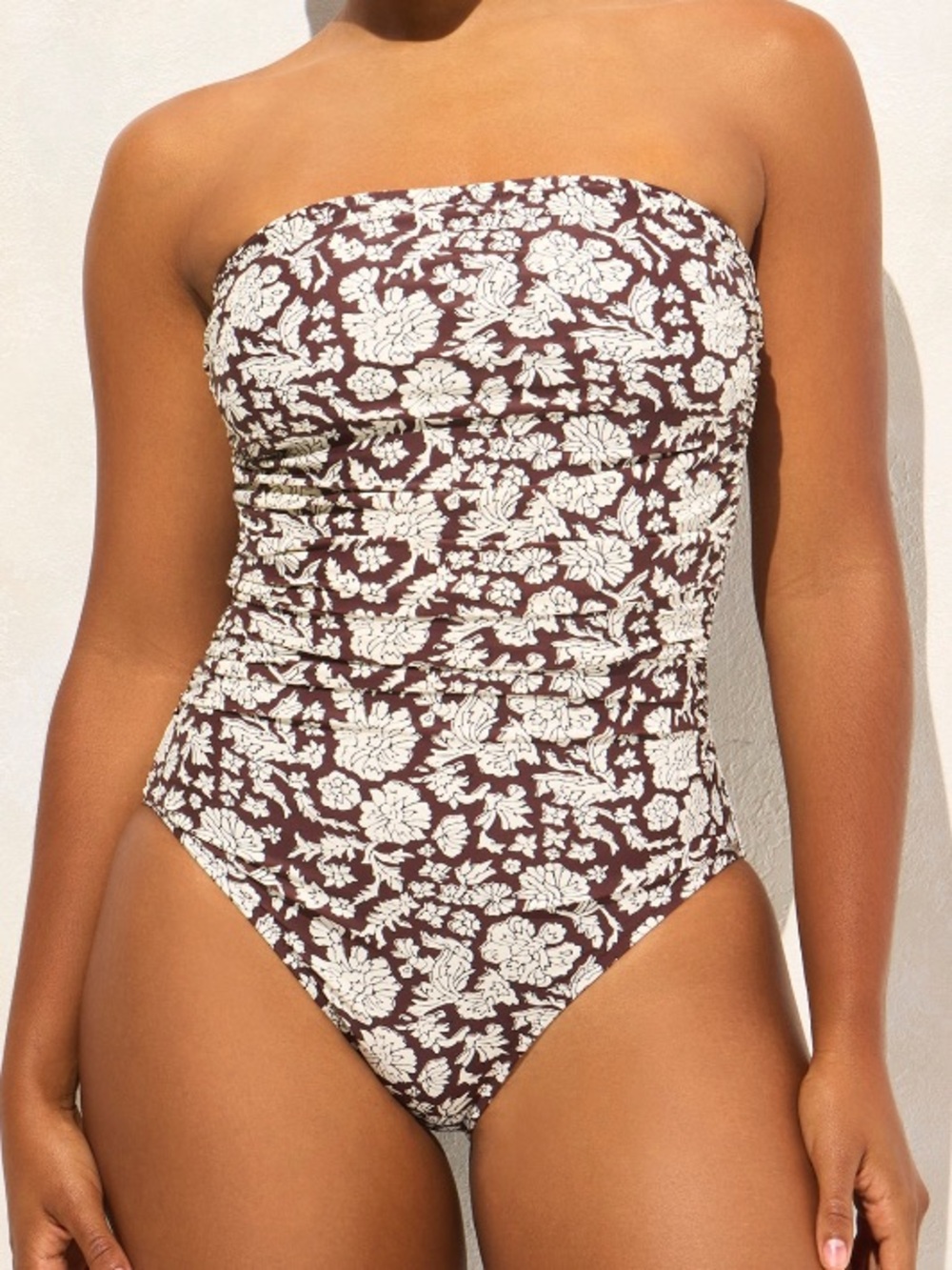 J. Crew Brown and Cream Floral Ruched Bandeau One-Piece